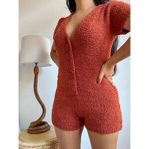 Blanc Rust Brown Teddy Fleece, Front Snap Romper / Women's Large
